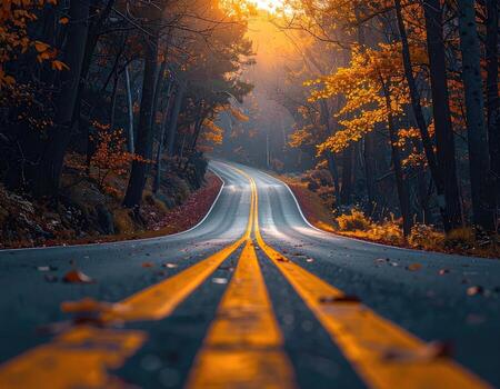 Autumnal forest road winding into sunlight photo