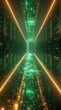 Futuristic server room corridor lit by glowing green and orange photo