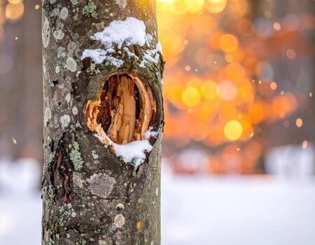 A hole in a tree trunk with snow on it photo