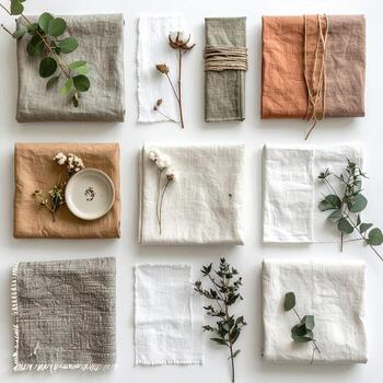 Natural linen fabrics arranged in a grid pattern, showcasing various shades of earthy tones and off-white, accented with dried botanicals photo