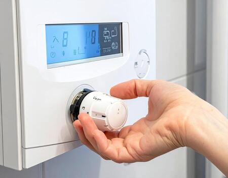 A hand adjusts a thermostat knob on a modern white boiler. Digital display shows temperature settings photo