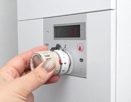 Adjusting a white wall-mounted boiler's temperature control. A hand turns a beige knob on a digital thermostat photo