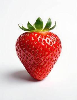 Single, vibrant red strawberry, highlighted against a plain white background. The strawberry is in perfect focus, showing its textured skin and green leaves atop photo