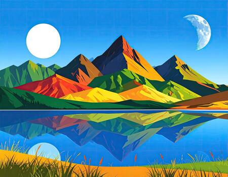 Colorful mountain range reflected in a tranquil lake, with two celestial bodies photo