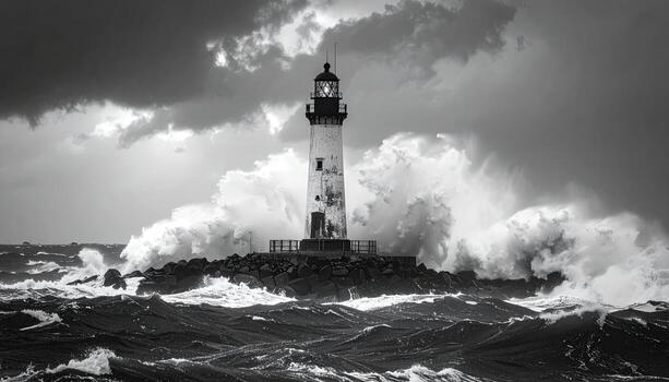 A black and white lighthouse stands strong amidst a tempestuous sea photo