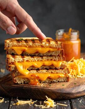 A hand points to a stack of grilled cheese sandwiches, overflowing with melted cheese and a vibrant orange condiment. Melted cheese drips down the sides of toasted bread slices. Grated cheese and a small jar of sauce are visible on a rustic wooden board photo