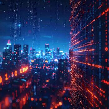 Futuristic cityscape at night, bathed in digital code. Abstract digital binary numbers stream down and across a building backdrop, against a blurred cityscape photo