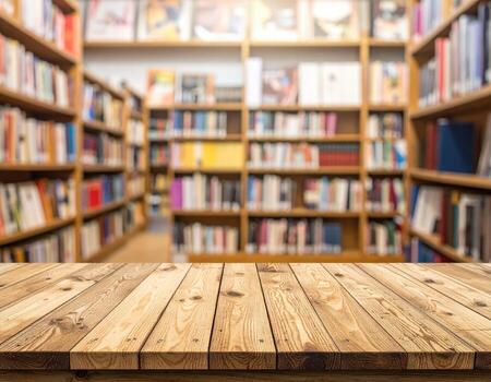Wooden table top in a library. Blurry bookshelves filled with many books photo