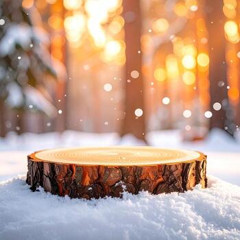 A winter forest scene with a log stump in the foreground photo