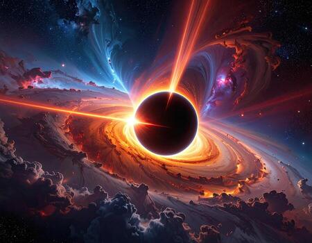 Cosmic vortex, black hole, nebula. Fiery, swirling galaxy, with intense light beams. Vast space, clouds, dark center photo