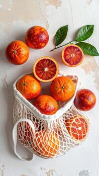 Fresh blood oranges in a reusable mesh bag on a textured surface photo