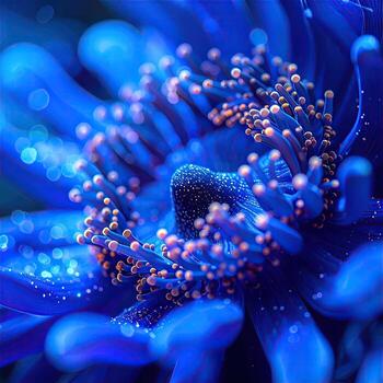 Close-up of a vibrant blue flower, showcasing intricate details. A deep, saturated blue dominates the image, with delicate, light-pink stamens and golden-brown pistils in the center. Water droplets are visible, adding a reflective sheen. A soft bokeh e photo