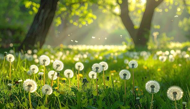 Sunny meadow filled with dandelions. Sunlight streams through trees, illuminating a vibrant green field dotted with fluffy white dandelion flowers. Soft bokeh effect photo
