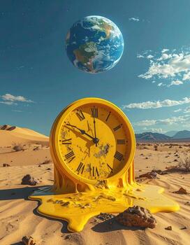 Melting clock in a desert, with Earth above photo