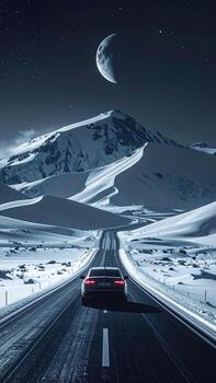 Snowy mountain road at night. Crescent moon. Car travels photo