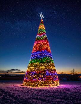 A vibrant, multi-colored Christmas tree, illuminated by strings of colorful LED lights, stands tall against a night sky dotted with stars and the Milky Way photo