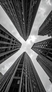 Urban skyscraper cluster, low angle view photo