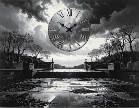 A grayscale vista of a grand, stone staircase, reflecting a large clock face against a stormy sky. A tranquil, melancholic mood photo