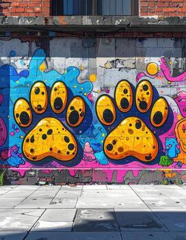 Graffiti art on a brick wall. Two large, bright yellow paw prints dominate the scene, outlined in black, with spots of varying shades. Vibrant colors, including pinks, blues, and yellows, fill the background in a dynamic, abstract style. A paved area in photo