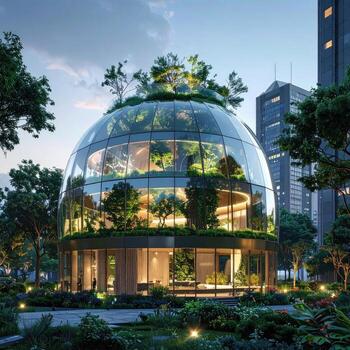 Modern spherical building with lush rooftop garden, surrounded by greenery and city backdrop photo