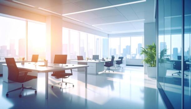 Modern office space with city views. Sunlight streams into a bright, open-plan office, showcasing clean lines, minimalist design, and panoramic city views through large windows. Empty desks and chairs are neatly arranged, bathed in natural light. Plant photo