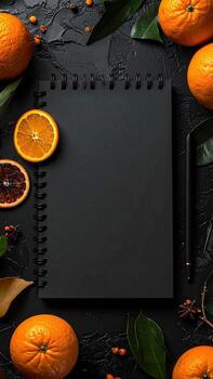 Black notebook surrounded by oranges, citrus slices, and leaves on dark textured surface photo