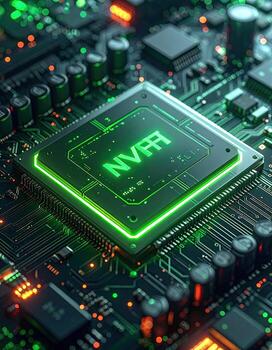 Close-up of a processor chip, highlighted with glowing green light, set against a complex circuit board with various electronic components photo