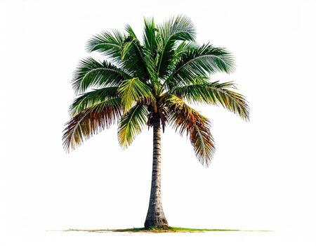 Isolated coconut palm tree against white background. Mature, vibrant green palm with distinct frond patterns, a tall, slender trunk, and a full canopy. Tropical, lush, and healthy appearance photo
