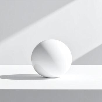 un soltero, liso, blanco esfera se sienta en un llanura blanco superficie, bañado en suave, difundido ligero. oscuridad son emitir suavemente foto