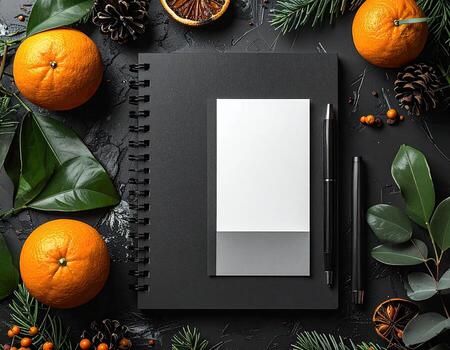 Black notebook with blank card, surrounded by wintery elements photo