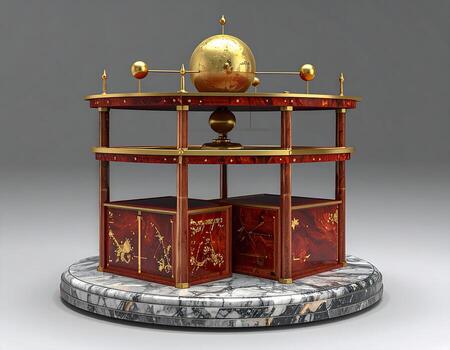 Ornate astronomical clockwork model on a marble base photo