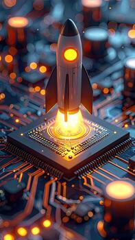 A rocket launches from a central processor chip, set against a detailed circuit board background. Bright, glowing orange highlights emphasize the action and technology photo