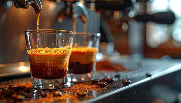 Espresso pouring into two small glasses. Coffee machine in the background photo
