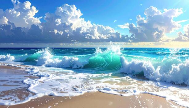 Azure waves crash on a sandy shore beneath a vibrant sky photo