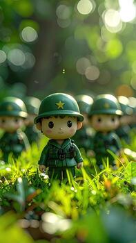 Cute soldier figurines in green uniforms, in grass, shallow depth of field photo