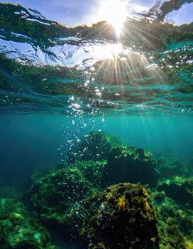 Sunlight streams through clear, shallow water, illuminating underwater rocks photo