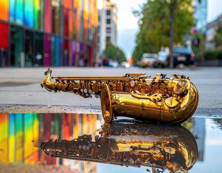 Golden saxophone resting in a puddle, reflecting a vibrant city backdrop photo