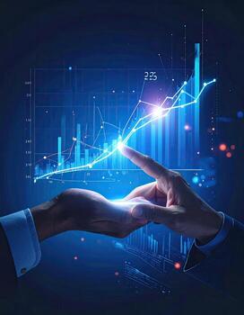 Two hands hover over a glowing, upward-trending graph photo