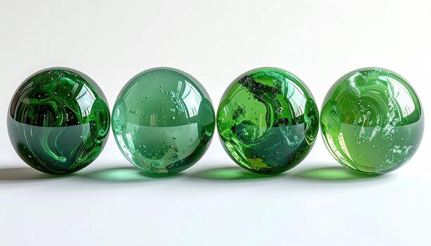 Four vibrant green glass spheres, arranged in a horizontal row against a white background. Each sphere exhibits swirling, translucent patterns of emerald green, suggesting a marbled or stained glass effect. The smooth, glossy surfaces reflect the light, photo