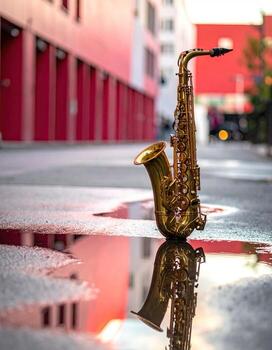 A golden saxophone rests in a puddle, reflecting in the still water. City buildings in the background photo