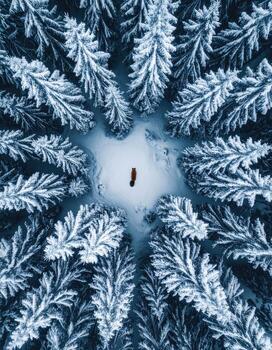 High-angle view of a small figure in a snowy forest. Detailed frost patterns on branches, creating a symmetrical design photo