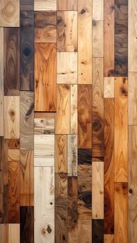 Vertical wood paneling, various shades of brown and beige. Rectangular pieces create a mosaic pattern photo