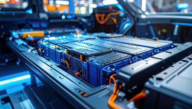 ev batería paquete en un del vehículo tren de aterrizaje. de cerca ver de filas de gris oscuro batería módulos con azul caja, conectado por alambres metal chasis y naranja alambrado. industrial ajuste foto