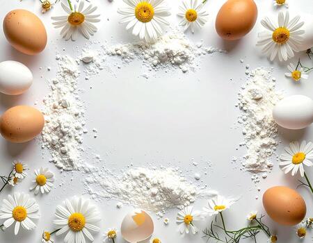 Flour, eggs, and daisies frame a white background photo