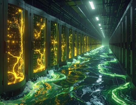 A flooded server room, glowing with an otherworldly energy. High-tech server cabinets line a corridor, illuminated by a vibrant, inner light. Water surges through the area, reflecting the light photo