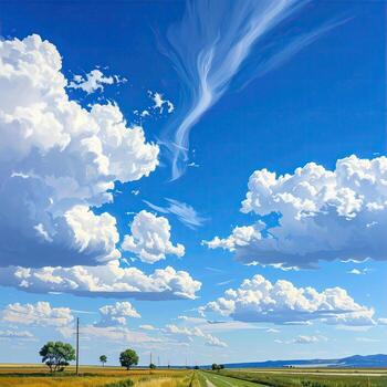 Expansive sky, puffy clouds, and a road. A vibrant, realistic depiction of a summer landscape. Wide open road leads into the horizon, bordered by fields, a few small trees, and a clear, vibrant blue sky dotted with fluffy white clouds. A wispy, etherea photo