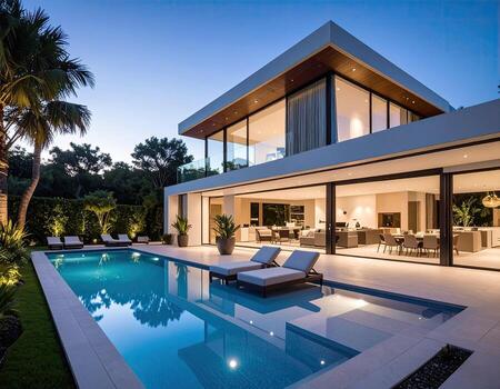 Modern villa at dusk, with pool and patio photo