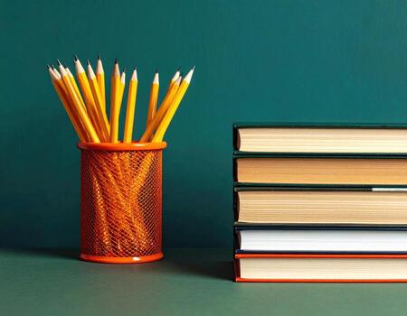 A close-up of yellow pencils in an orange mesh holder and a stack of books against a teal backdrop photo