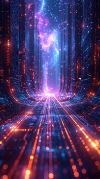 A vibrant, glowing digital tunnel, filled with vibrant light and glowing lines photo