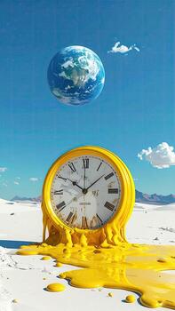 Melting clock, Earth floats, desert photo